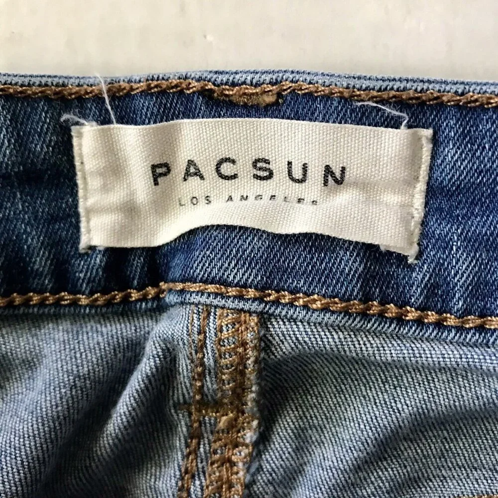 Women's PacSun‎ Distressed Super Stretch Shortie Denim Blue Jean Shorts Size 24
